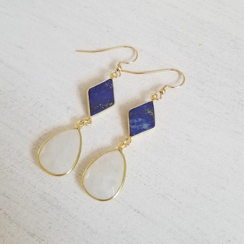Blue Lapis Lazuli and Moonstone Statement Earrings