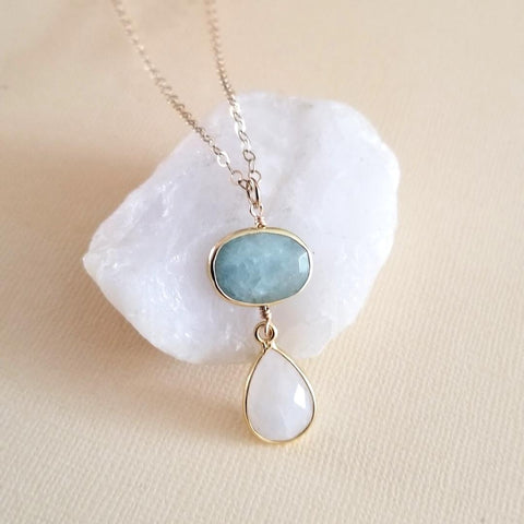 Aquamarine and Moonstone Necklace, Gold Aquamarine Pendant, Dainty Gold Chain, March Birthstone, Gift for Her, Moonstone Teardrop Pendant