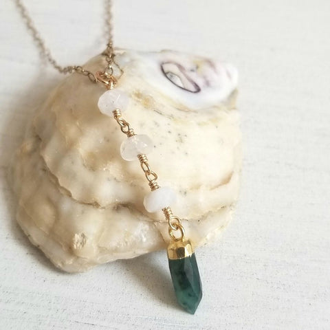 Emerald and Moonstone Center Drop Y Necklace