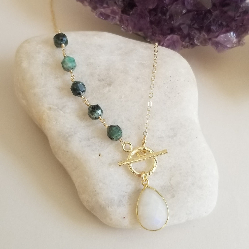 Emerald and Moonstone Necklace Front Toggle Necklace Fabulous Creations Jewelry