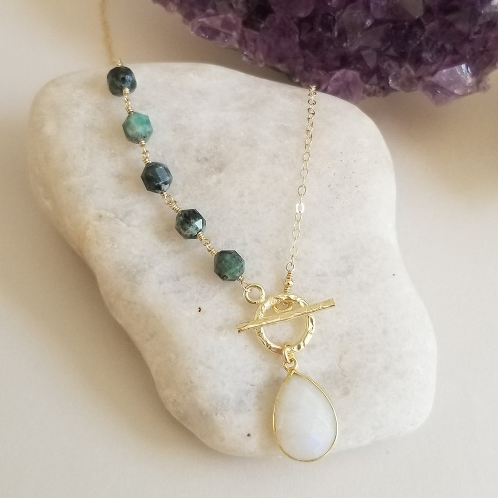 Emerald and Moonstone Necklace, Gold Front Toggle Necklace, Statement Necklace for Women