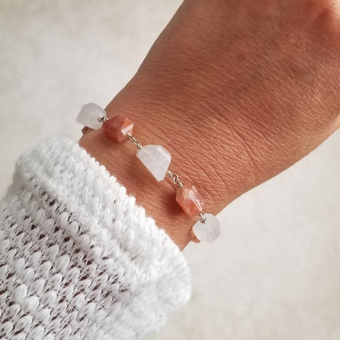 Sunstone and Moonstone Bracelet, Chunky Gemstone Bracelet