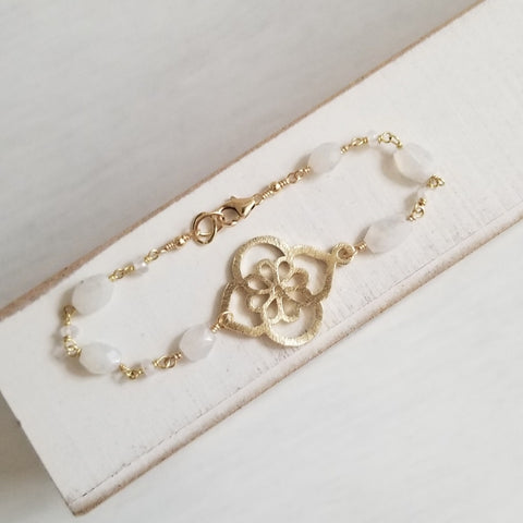Beaded Moonstone Bracelet for women, Gold Flower Charm Bracelet