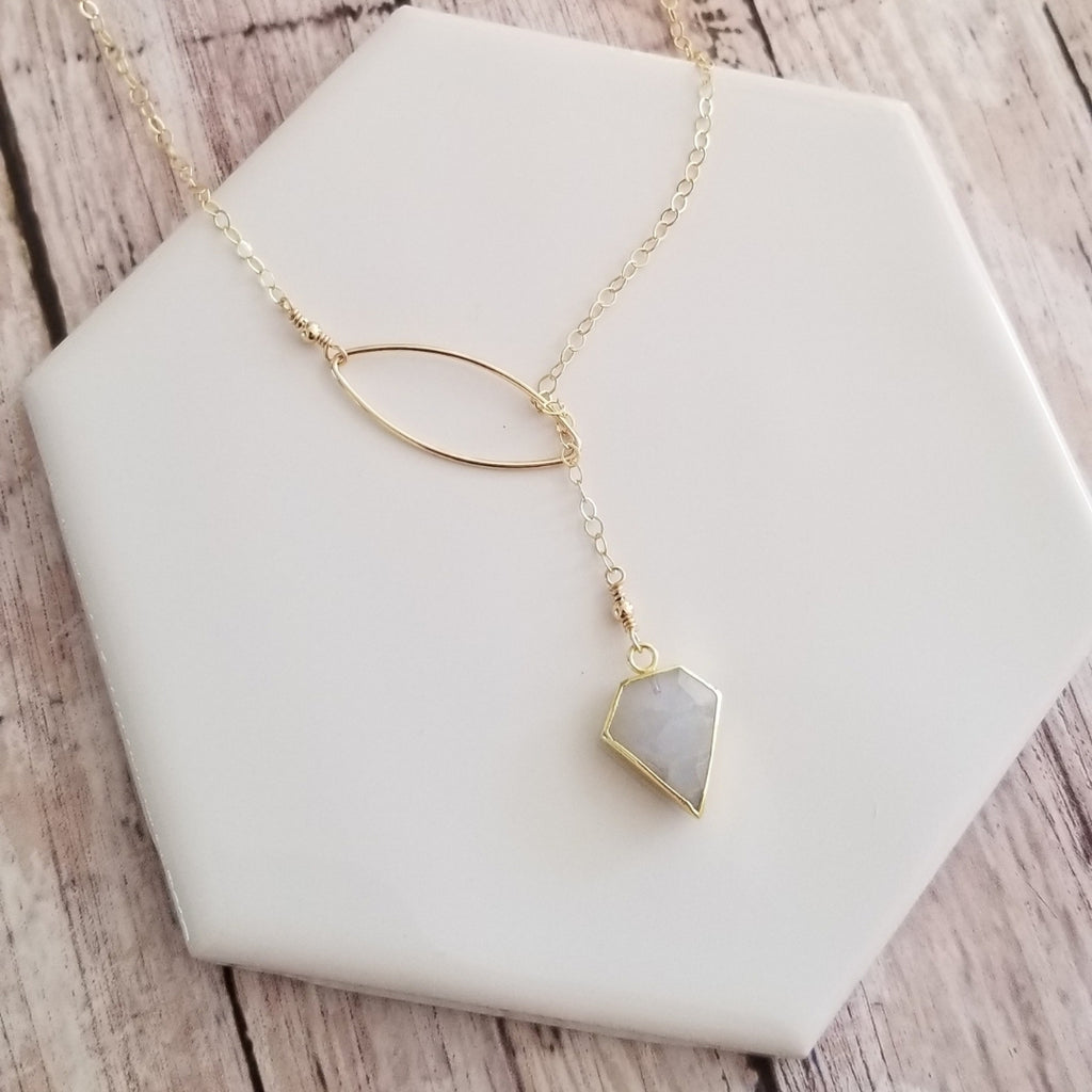 Gold Moonstone Lariat, Moonstone Y Necklace, Thin Gold Chain Necklace