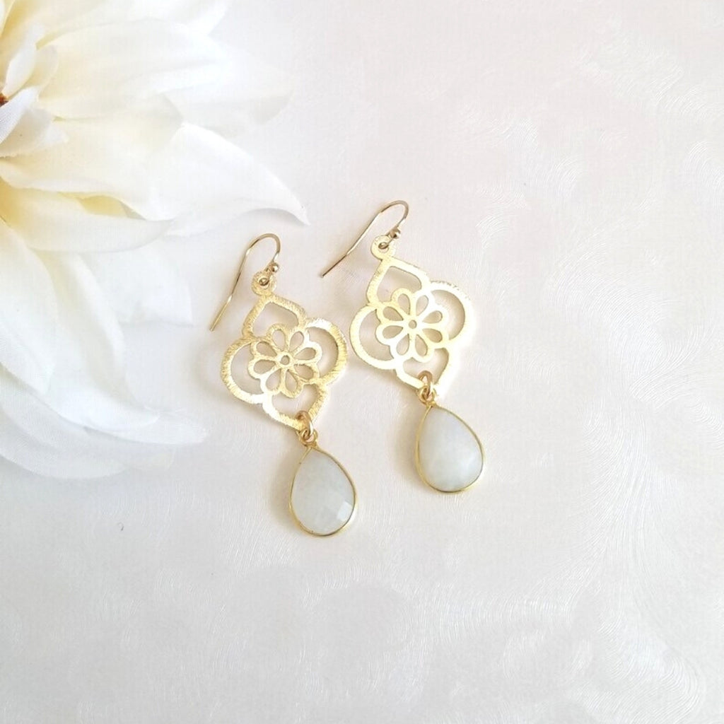 Bride Earrings, Gold Floral Moonstone Earrings, Wedding Earrings, Bridesmaid Gift