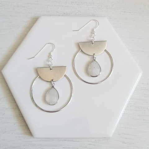 Modern Moonstone Hoop Earrings, Geometric Earrings