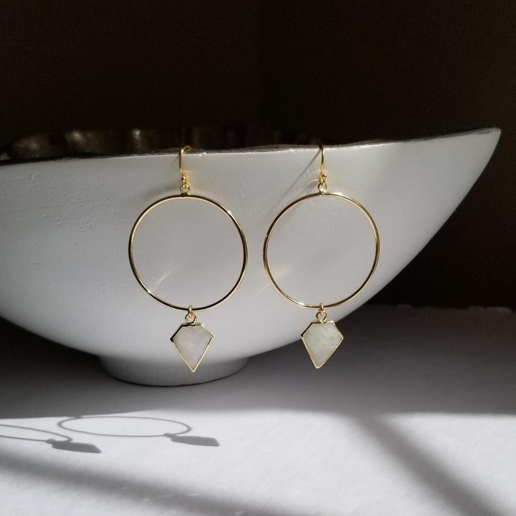Moonstone Earrings, Gold Moonstone Hoops, Boho Hoops, Large Hoop Earrings, Raw Stone Jewelry, Moonstone Crystal Earrings, Statement Earrings