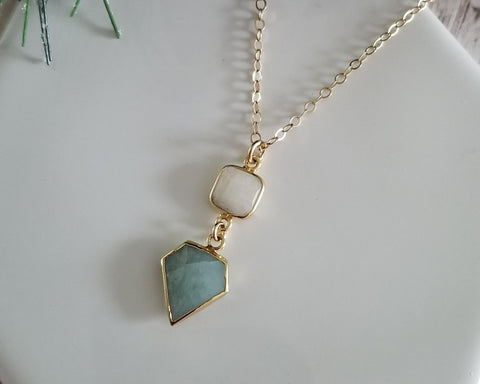 Gold Aquamarine Necklace, Moonstone and Aquamarine Pendant, Gift for Her