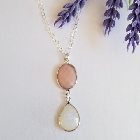 Pink Opal and Moonstone Necklace, Handmade Jewelry Made in the USA