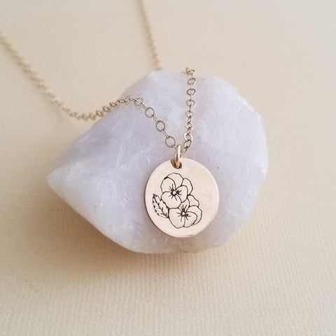 Birth Flower Necklace, Dainty Flower Charm Necklace, Handm Stamped Disc Necklace, Birthday Gift for Her