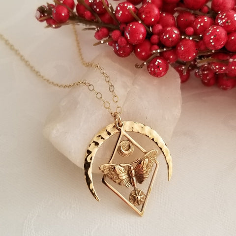 Crescent Moon and Moth Pendant Necklace, Gold Moon Jewelry, Moth Jewelry for Women