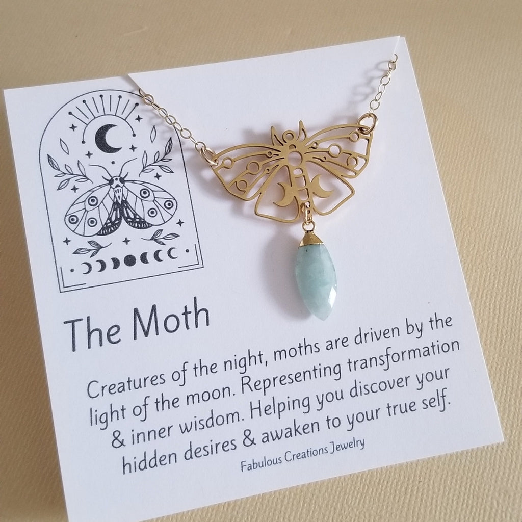 Gold Luna Moth Pendant Necklace with Raw Aquamarine, Transformation Jewelry, Raw Aquamarine Necklace for Women, Talisman Jewelry, Moth Moon Necklace