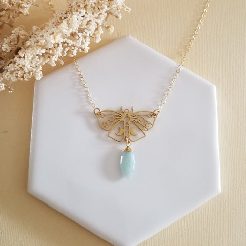 Gold Moth Necklace, Luna Moth Pendant, Raw Aquamarine Necklace for Women, Talisman Jewelry, Moth Moon Necklace, Transformation Jewelry