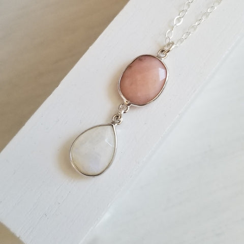 Natural Pink Opal and Rainbow Moonstone Pendant Necklace for Women
