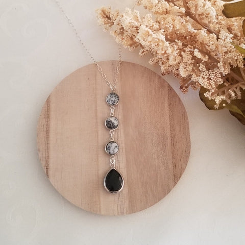 Dendritic Opal and Black Onyx Pendant, Onyx Y Necklace, Boho Necklace