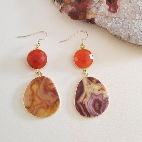 Orange Carnelian and Crazy Lace Agate Statement Earrings, Bold Dangle Earrings