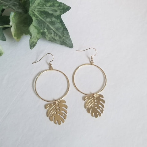 Gold Tropical Leaf Earrings, Monstera Leaf Hoop Earrings