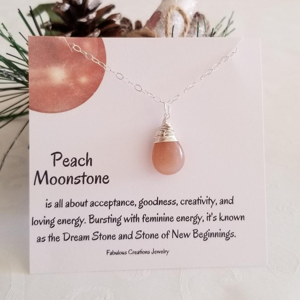 Peach Moonstone Teardrop Pendant Necklace, Dream Stone, Wire Wrapped Stone Necklace