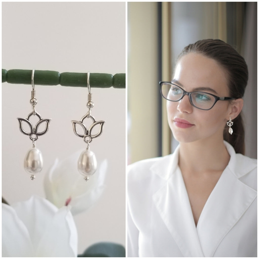Silver Lotus Flower Pearl Earrings for Women