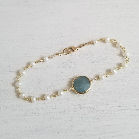 Pearl Bracelet, Aquamarine Bracelet, Mothers Day Gift Idea