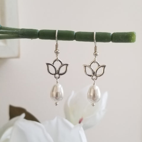 Pearl drop earrings, Lotus Flower Earrings, Gift for Her