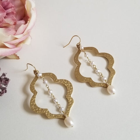 Gold Pearl Earrings for Bride, Wedding Day Jewelry