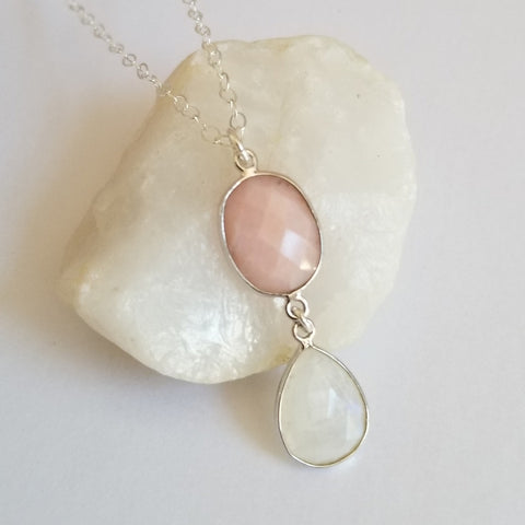 Gemstone Statement Necklace, Gift for Her, Pink Opal and Moonstone