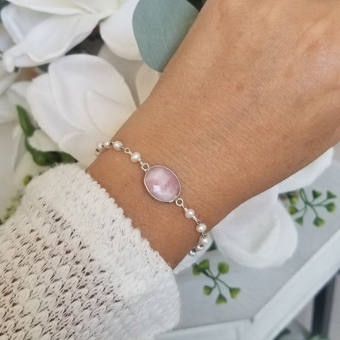 Pink Opal and Pearls Bracelet, Jewelry Gift for Her, Bridesmaid Gift, Pink and White Bracelet,