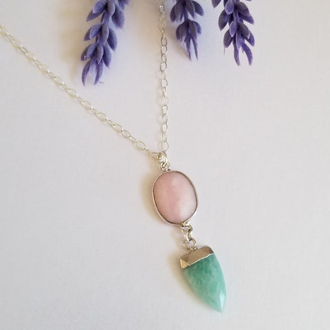 Pink Opal and Amazonite necklace for women, Gemstone Pendant