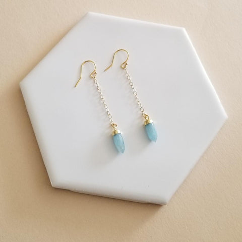 Raw Aquamarine Earrings, Long Gold Filled Chain Earrings