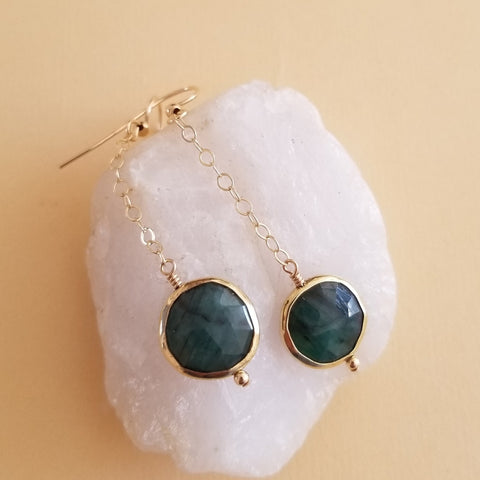 Raw Emerald Earrings, Long Gold Earrings