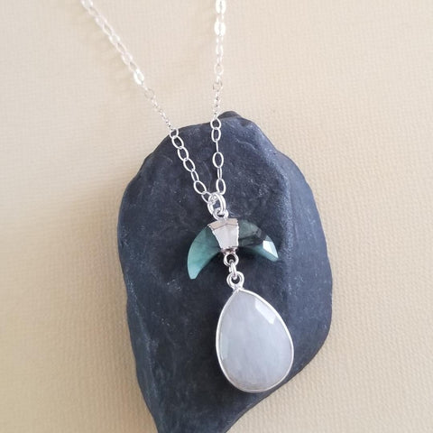 Emerald Crescent Moon and Teardrop Moonstone Pendant Necklace