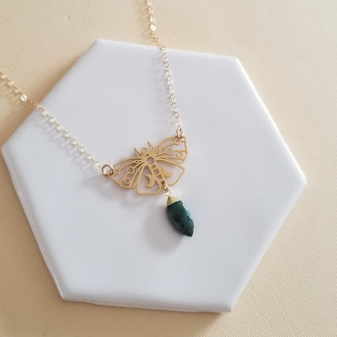 Gold Luna Moth Pendant with Emerald, Gold Emerald Necklace, Statement Necklace, Celestial Jewelry, Handmade Necklace for women