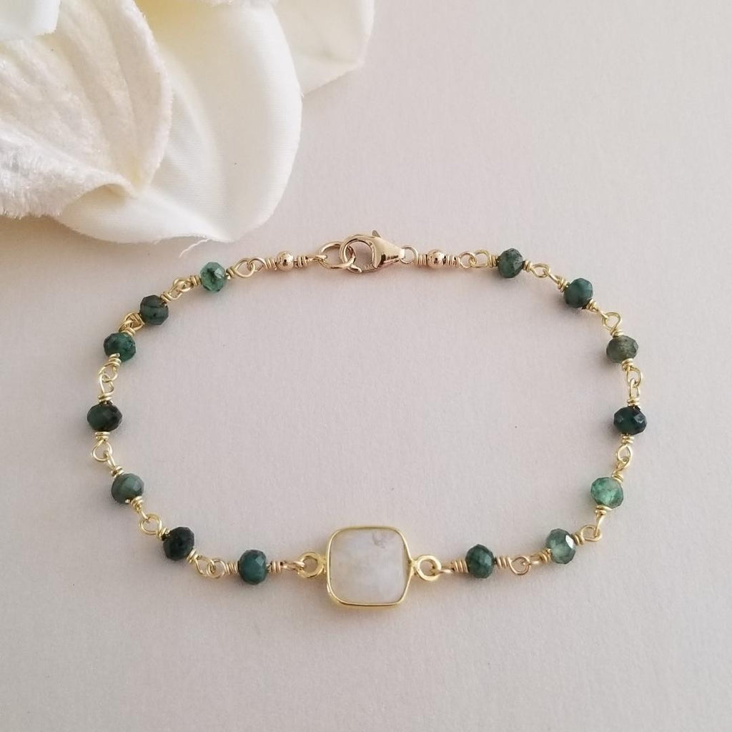 Emerald and Moonstone Bracelet Dainty Beaded Gemstone Bracelet