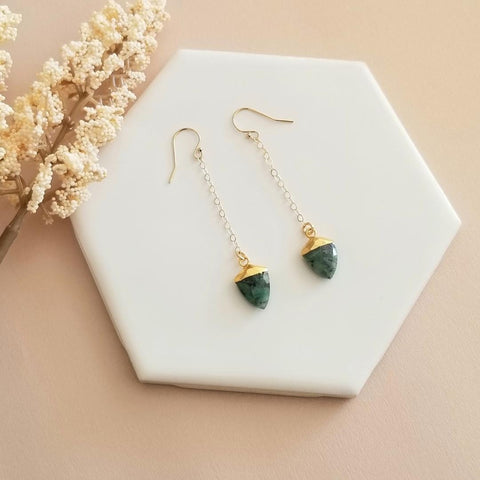 Raw Emerald Gold Chain Earrings