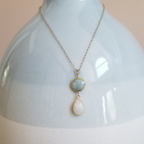 Aquamarine and Moonstone Pendant Necklace, Gold Filled Chain Necklace
