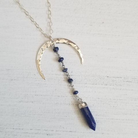 Lapis Lazuli Pendant Necklace, Hammered Moon necklace