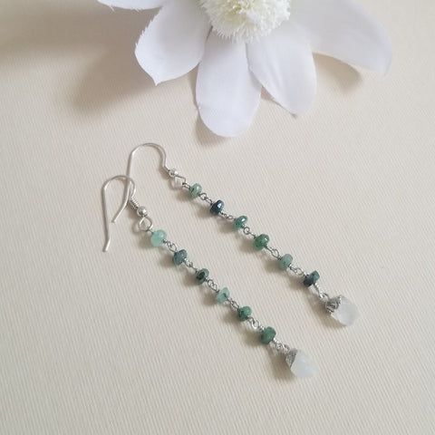 Emerald and Moonstone Earrings for Women, Long Gemstone Earrings