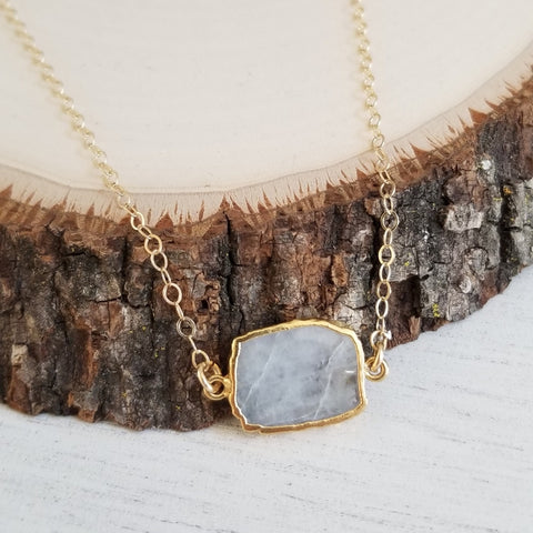 Rainbow Moonstone Necklace, Simple Gem Slice Layering Necklace