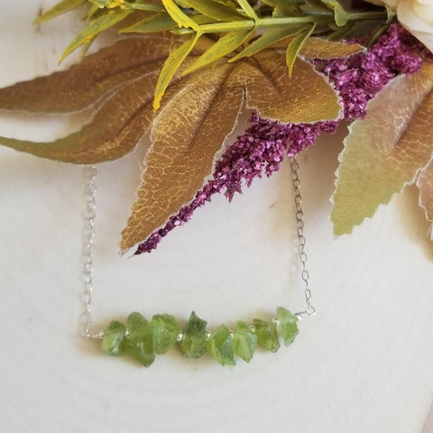 Gemstone bar necklace, gift for women, Raw Peridot jewelry