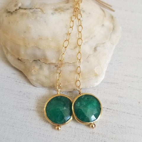 Raw Emerald Earrings, Long Gold Earrings