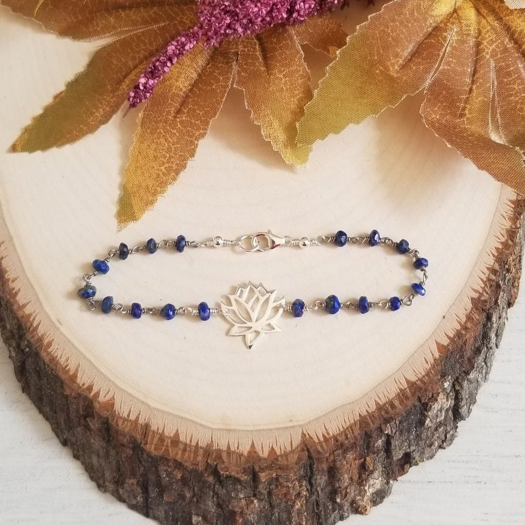 Sterling Silver Lotus Flower Beaded Bracelet, Lapis Lazuli or Emerald