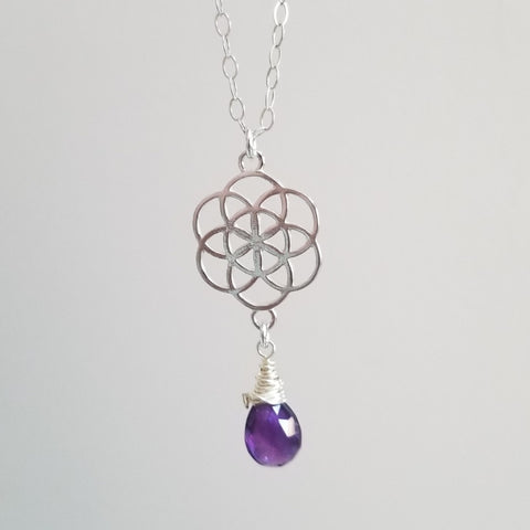 Sterling Silver Amethyst necklace, Seed of Life Symbol necklace