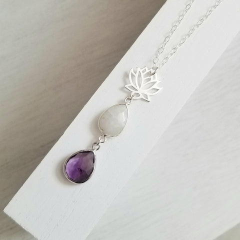 Amethyst and Moonstone Pendant Necklace, Lotus Flower Necklace