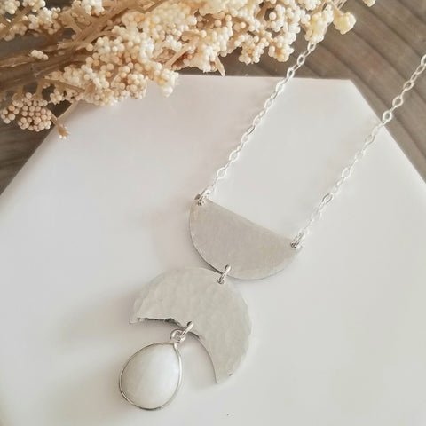 Hammered Geometric Necklace, Moonstone Pendant, Boho Stone Necklace, Silver Statement Necklace, Moon Phase Pendant, Contemporary Jewelry