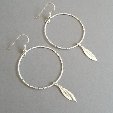 Bohemian Sterling Silver Hoop Earrings, Feather Earrings
