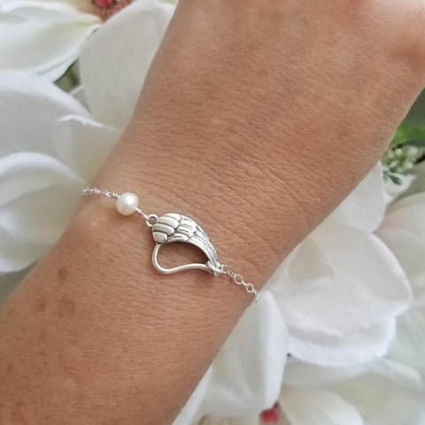 Sterling Silver Angel Wing Heart with Pearl Bracelet