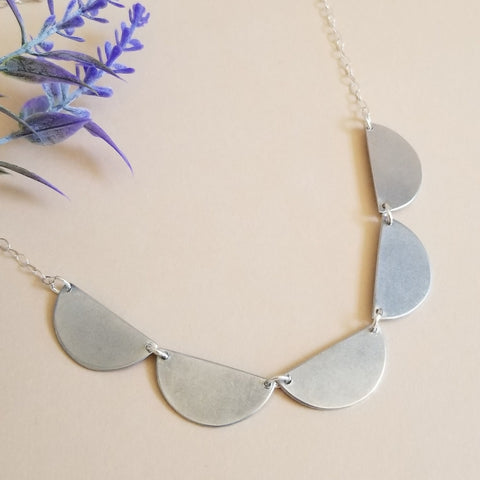 Silver Geometric Necklace, Half Moon Scallop Bib Necklace