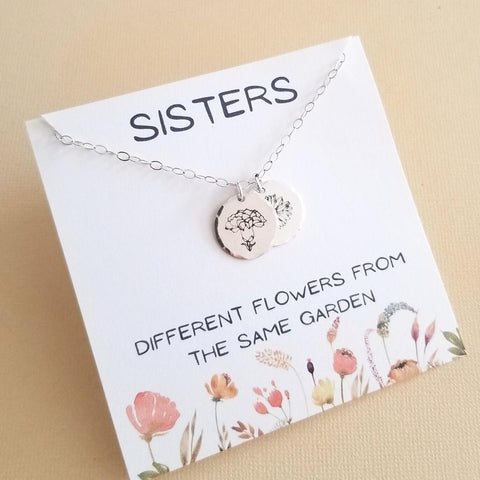 Sisters Necklace, Birth Flower Necklace, Gift for Sisters, Sterling Silver Charm Necklace, Personalized Sister Gift, Gift for Sister In Law