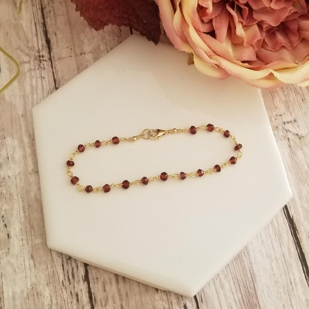 Dainty Garnet Bracelet, Garnet Rosary Chain Bracelet, Layering Bracelet